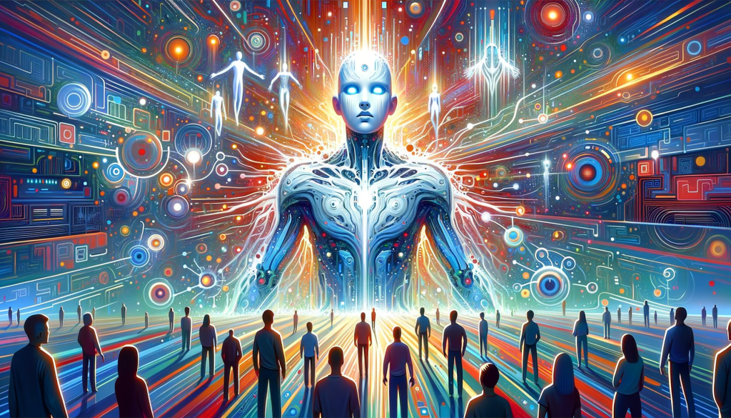 Generate a 3:2 aspect ratio illustration in a bright and uplifting style, not related to any specific modern artist or animation studio. The art should depict the concept of AI Singularity set in 2027. Show AGI that's evolved into artificial super intelligence rewriting its own code. Immerse this entity in an environment full of abstract representations of advancements in large language models and cutting-edge tech infrastructures. Symbolize the transition from narrow AI to superhuman intelligence pulsating with energy. Showcase a diverse group of human figures observing this marvel, their facial expressions displaying a mix of awe and caution. Please abstain from using real individuals or identifiable features in the depiction of these people.