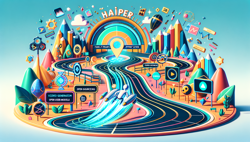 Create an image in bright and cheerful colors with the 3:2 aspect ratio. Depict in a family-friendly 3D animation style an enthusiastic tech company, named Haiper, entering a fast-paced race or competition with multiple corporate identities embodied as futuristic abstract shapes. Surround the scene with symbols of video generation and AI like neural network symbols, video frames, and 3D shapes. Depict the track as a path to market success, lined with potential investors and free user communities. Show the company's effort to cross the uncanny valley as a literal valley in the race path. Add a signboard indicating the possibility of open-sourcing models in the future. Remember to keep the vibe positive and energetic.