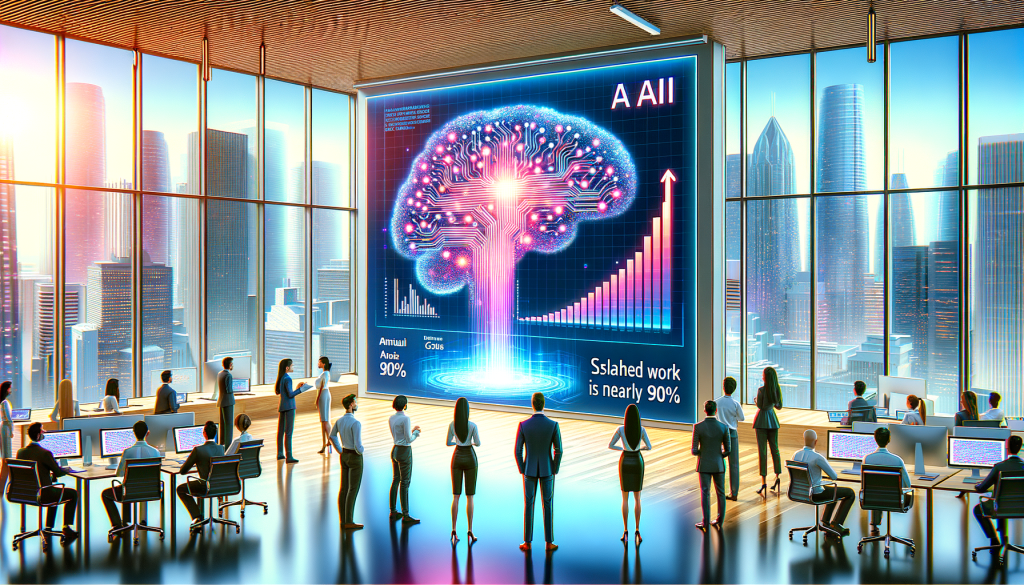 Create an illustration for an article titled 'JPMorgan has AI-driven management software that has slashed manual work by nearly 90%'. The image consists of a brightly lit modern office space. A diverse group of employees are observing a large display screen, which shows an abstract visualisation of an AI algorithm. The screen features a 3D model of a brain-like structure made of circuits and code, symbolizing the AI-driven software. The employees are expressing positive reactions such as excitement and amazement at this visualization. Nearby, a chart shows a bar graph plummeting towards the 90% mark indicating reduced manual work. This is set against a backdrop of a bustling cityscape representing the thriving corporate atmosphere. Please create the image in a positive, light, and modern style.