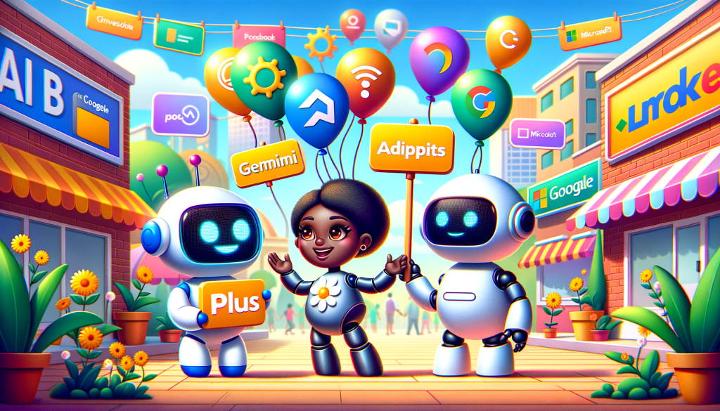 Create a sunny, optimistic illustration in a 3:2 aspect ratio. Show three cartoon-style, friendly AI chatbot characters engaged in a conversation. One chatbot should be a black female humanoid form holding a sign displaying a 'ChatGPT Plus' logo, the second one is a Hispanic male spherical-shaped bot holding a sign with a 'Google's Gemini' logo, and the third a South Asian female robot, cube-like in design, holding up a sign that reads 'Microsoft's Copilot'. An array of advertisements balloons spring from their conversation, symbolizing these companies' exploration into ad integration. In the background, establish a fun, colorful digital marketplace indicating the exchange and monetization of technology ideas.