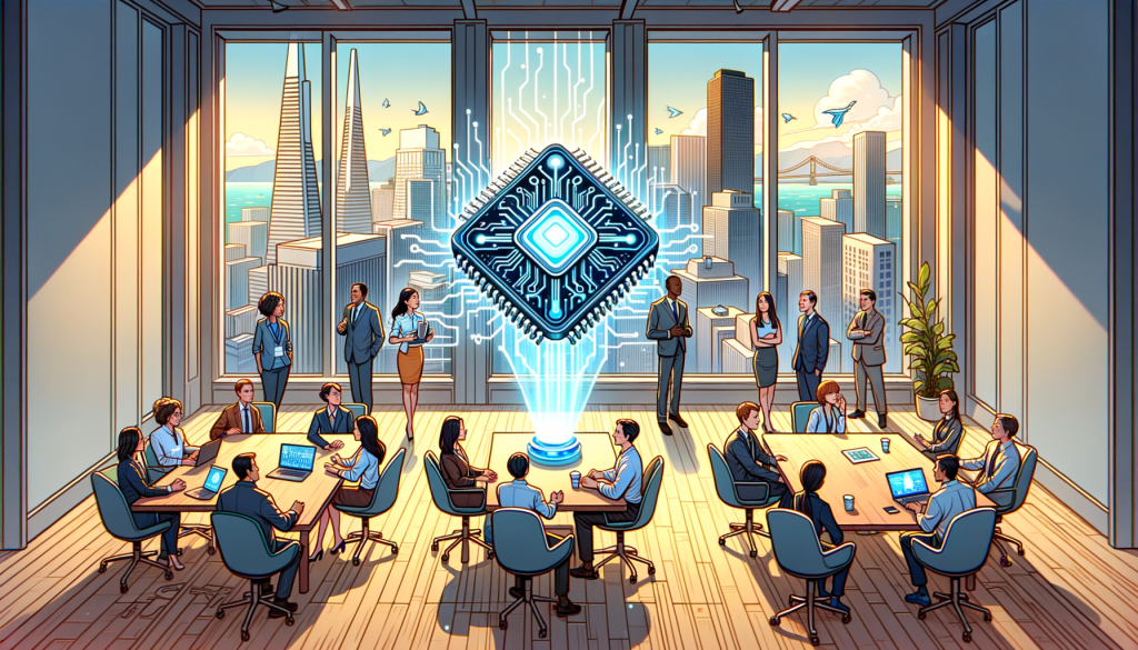 Please generate a positive, light-hearted illustration featuring an office scene, where a diverse group of people are gathered around a giant 3D hologram of a futuristic computer chip representing an AI model, in a 3:2 aspect ratio. The hologram emanates from a small device on a table, symbolizing the ease of use and power of the AI model. The multiple individuals in the room represent the diversity in race, gender, and roles, including an Asian woman, a Black man, a Caucasian woman and a Middle-Eastern man, who could be scientists, entrepreneurs, or business executives, showcasing the collaborative efforts. The skyline of San Francisco is seen from a large window of this high-rise tech office, hinting at the company's expansion. All elements should be crafted with soft, curved lines and intense colors, typical of pre-1912 animated illustration styles.