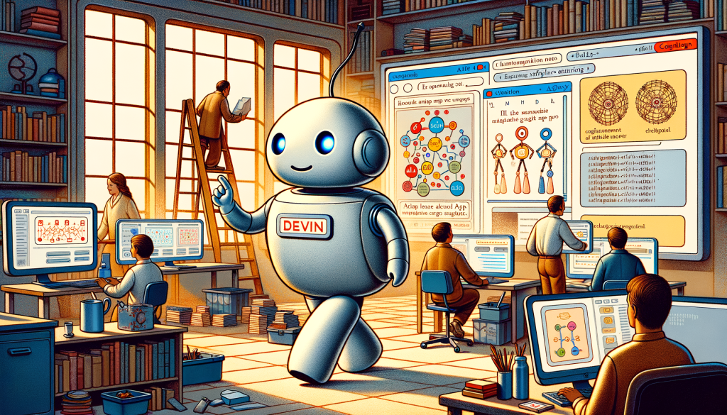 Illustrate a scene in a 3:2 aspect ratio showcasing Cognition's new AI software engineer, Devin, in a positive and light style reminiscent of pre-1912 picture book illustrations. The scene features a non-human looking AI figure with a nametag labeled 'Devin,' actively working on multiple computer screens, each displaying different aspects of software engineering. Devin interacts with abstract human figures, representing users through a chatbot-style interface. One screen shows the process of deploying an app, while another exhibits the setting up of large language models. Display the Cognition logo subtly in the background, hinting at the company's involvement.