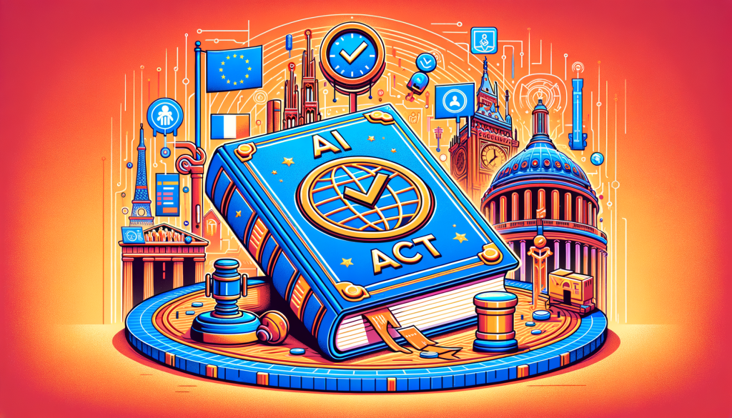 Create a vibrant, positive digital illustration in 3:2 aspect ratio inspired by the style of animated movies. The illustration should depict a large AI 'Act book' with the words 'AI Act' on the front. The AI book should be surrounded by multiple symbolic elements that suggest approval and implementation, such as a giant seal or stamp showing a checkmark, and a miniature clock demonstrating wait time. The background should show symbolic representation of European landmarks and an abstract global map to illustrate the AI act's European origin and potential global influence.