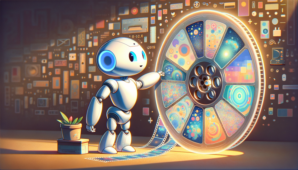 Generate a 3:2 landscape orientation artwork that emanates positivity and lightness, without using the named contemporary styles. Instead, try a style that encapsulates vibrancy, softness, and child-like simplicity, characteristics often associated with animation pre-1912. The illustration is for an article titled 'OpenAI’s Sora Could Generate AI Nude Videos This Year'. For a subtle hint at the subject, include a cheerful humanoid robot examining a holographic film reel, the reel displaying various non-explicit, abstract shapes and patterns signifying 'videos'. Ensure a comforting, family-friendly atmosphere.