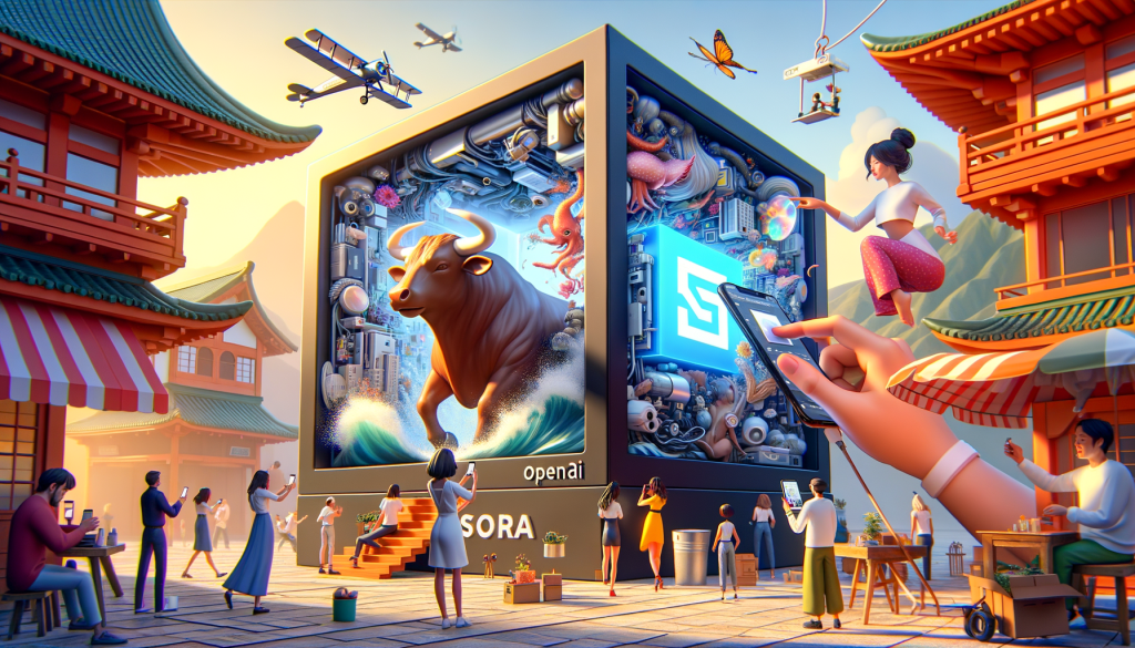 An animated piece with a distinctive 3:2 aspect ratio. The image imbued with an uplifting and bright style, replicating the impression of a 3D animation studio. The focus of the illustration should be on a large, three-dimensional cube that symbolizes the Sora text-to-video generator by OpenAI. The cube is busy creating hyperrealistic scenes, depicted by miniature versions of a bull in a china shop and a mermaid reviewing a smartphone. On another side of the cube, a small watermark signifies the generator’s output. Looking on, a diverse group of bystanders reveal the varied target audience of visual artists, designers, and filmmakers, all expressing excitement and anticipation for the upcoming public release.