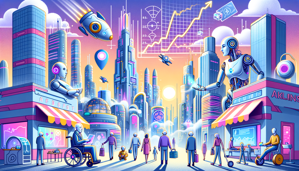 Create a 3:2 aspect ratio illustration for the article titled 'Google’s AI prophet fast tracks singularity prediction'. It should be done in a vibrant, cartoonish, and clean style, capturing elements from the article. Picture a futuristic city with high-tech buildings, advanced AI robots interacting harmoniously with humans who look incredibly youthful, almost as if they're aging in reverse. Above the city, show graphs and charts displaying an exponential growth curve in the sky, symbolizing the rapid advances in AI and computing power. The overall mood should be positive, conveying optimism for the future of AI and humanity.