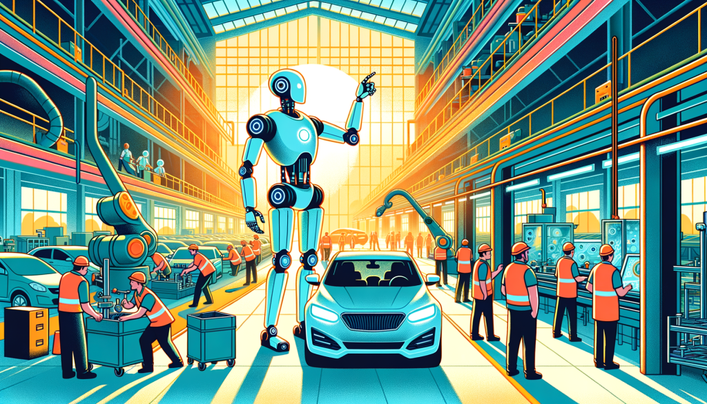 Illustration in a vibrant and cartoonish style, adapted to a 3:2 aspect ratio. The scene is set in a car manufacturing factory with large windows allowing sunlight to filter in. A large, humanoid robot character named Apollo, standing at 5 feet 8 inches tall, is visible in the foreground. The robot is performing tasks such as inspecting and transporting car components. Apollo is seen interacting with human factory workers of various descents and genders, portraying a perfect symbiosis between technology and human force. Notice the workers performing more complex tasks, indicating that they have been freed from repetitive, physically demanding jobs. Reflect a positive atmosphere of collaboration and productivity in the factory.
