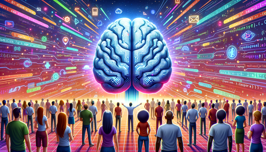 Illustrate an upbeat picture for the following article titled 'xAI open sources Grok'. Picture an inviting, brightly colored 3:2 aspect ratio image with a digital futuristic look that hints at the topic of AI and coding. Center the image around a large digital 3D brain, a common symbol for AI, surrounded by lines of code, symbolic of open-sourcing, racing and wrapping around it like a maze or galaxy. In the foreground, represent a diverse group of both male and female, African, Caucasian, and South Asian developers, to represent the global community working together. They are looking at the giant brain in awe, hoping to make it even better.