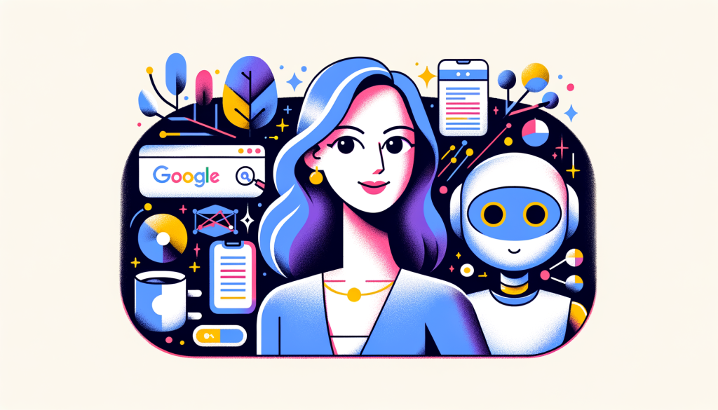 Create an illustration in a 3:2 aspect ratio capturing the essence of the article titled 'Google has a new head of Search — and she’s all in on AI'. The illustration should depict a stylized woman (representing Liz Reid), an AI character drawn in a positive, joyful and cartoonish style possessing prominent visual elements related to search and AI technology. Surrounding elements should hint towards the evolution of search, such as old keyword-based methods transitioning into modern, AI-powered multisearch methods, like voice and image search. Ensure the composition gives off a futuristic vibe, emphasizing Google's transition towards an AI-centric model.