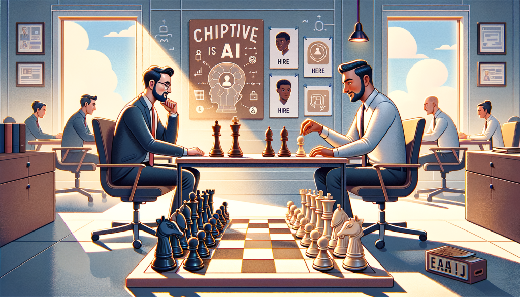 Create a 3:2 aspect ratio illustration representing the following scenario: A stylized office setting, where a South-Asian male figure resembling a CEO is making strategic moves on a life-sized chess board. The chess pieces are metaphorically shaped as AI technologies. A Caucasian male figure, representing an expert in AI, joins him. The symbolic hire is part of the CEO's efforts to stay competitive. The office is filled with signs of collaboration and technological innovation. The art style should be positive, light, and reminiscent of contemporary 3D animation techniques.