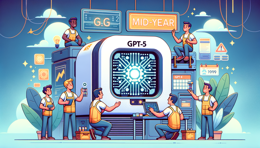 Create a 3:2 aspect ratio illustration in a positive, bright, and cartoon-like style. The scene should depict technicians (of diverse descents and genders) working on a large, futuristic computer symbolizing GPT-5. There should be visible improvement cues in the machine compared to a smaller, older version (GPT-4) nearby. Excitement and anticipation should be evident in the tech workers' expressions. In the backdrop, showcase a big digital calendar showing 'mid-year'. Lastly, in the foreground, there should be a signboard reading 'OpenAI' to represent the company.