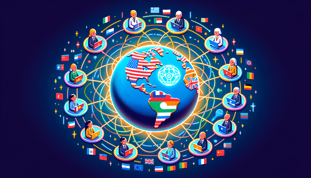 Create an image in a cheerful and friendly style, capturing the spirit of a world-first global AI resolution. The picture should represent a variety of nations around a globe which is also a symbolic AI brain, expressing unity and harmony. Each country is represented by a unique color, showing their participation in the agreement. They are connected by glowing lines symbolizing cooperation, circling around the AI-filled globe that symbolizes transparency, security and trustworthiness. This should evoke a positive and hopeful atmosphere, portraying the theme of worldwide collaboration for better AI regulations. The illustration should maintain a 3:2 aspect ratio.