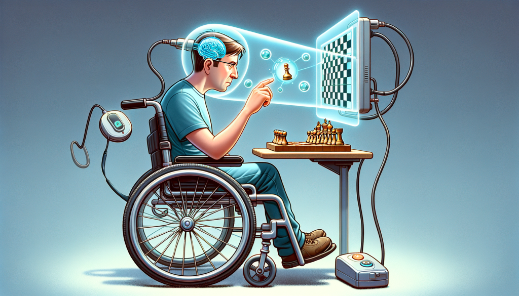Illustrate an inspirational scene in a cartoonish style similar to early 20th-century animation. The image should depict a 3:2 aspect ratio scene of an adult Caucasian male, demonstrating the use of advanced technology. He is seated in a wheelchair, focused fully on a transparent futuristic screen displaying a game of chess. Floating beside the man is a small metal device, similar in size to five stacked coins, symbolizing his brain implant. The action should imply that he is controlling the computer screen merely through his thoughts, achieving a symbiotic relationship between human and tech. This image should represent hope, resilience and the potential of technology in overcoming physical disabilities.