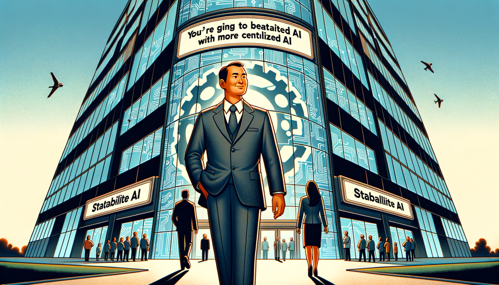 Illustrate a 3:2 aspect ratio image that captures the essence of the article titled: 'Stability AI CEO resigns because you’re not going to beat centralized AI with more centralized AI'. The illustration should carry a positive and light tone, rendered in a lively and cartoonish style reminiscent of 3D animation studios pre-1912. Include visual elements relating to AI like circuit patterns and machine gears. Depict a scene where a middle-aged South-Asian male in formal attire(CEO) is seen stepping out of a large, futuristic company building(erring on the abstract side), labeled 'Stability AI'. Show another two individuals, with equal prominence in the frame, who can be seen as the COO - a Caucasian woman and the CTO - a Hispanic man in their office setting. Incorporate a symbol of decentralization, such as a distributed network, causeway path splitting into multiple routes, or jigsaw pieces coming together. All the while, maintaining a harmonious and optimistic palette.