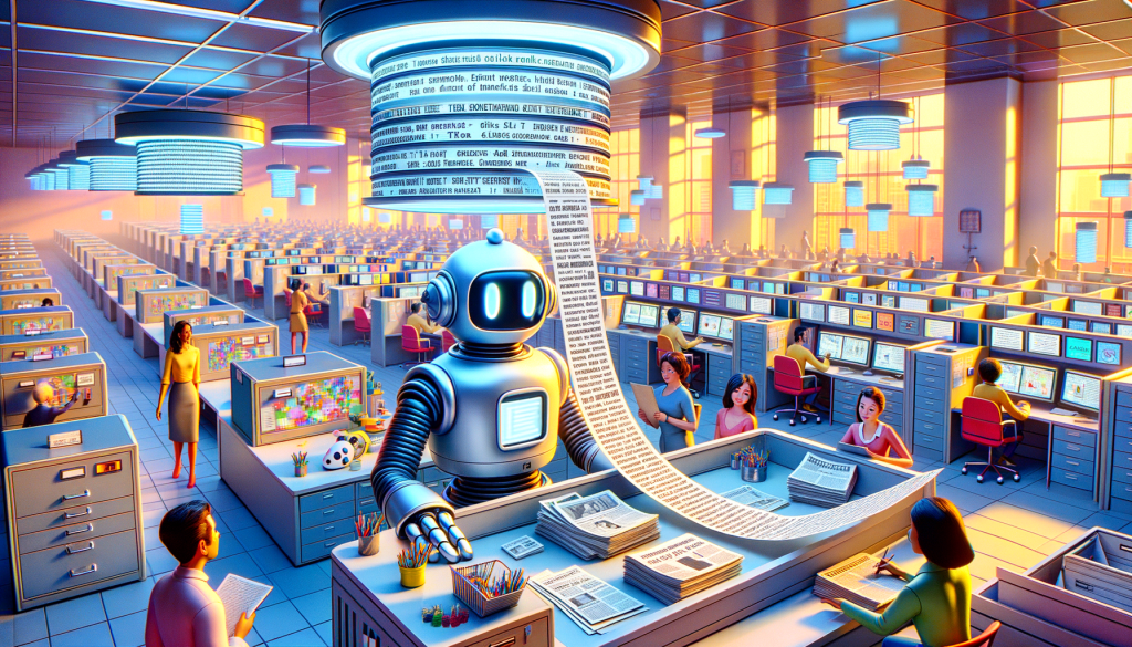 Please create an uplifting and colorful envisage in the style of computer-generated 3D children's movies prior to 1912. The scene portrays a modern office environment, with a central desk where a chatbot represented as a friendly robot is sat. The robot is engaging with an array of floating holographic screens, each screen showcasing different news article text. On the background, a large data storage unit hums softly, symbolizing decades-old archive. A ticker tape with printed text is playfully being issued by the robot to represent the chatbot's intelligent responses. In the distance, diverse group of people are observing this scene, representing the users.