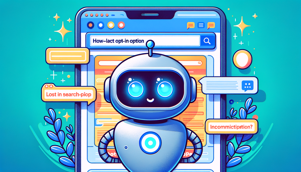 Create an illustration in a cheerful and bright style that might be seen in an animated film. The illustration should be in a 3:2 aspect ratio and should depict a chatbot that's part of a search engine interface, helping to sift through complex queries and information from multiple web pages. It should subtly hint at the lack of opt-in option, perhaps with the chatbot appearing unsolicited on the search page. Also, include a clue about incompatibility with a certain browser, maybe through a faded out icon. The overall tone should emphasize the move towards AI integration in search technology.