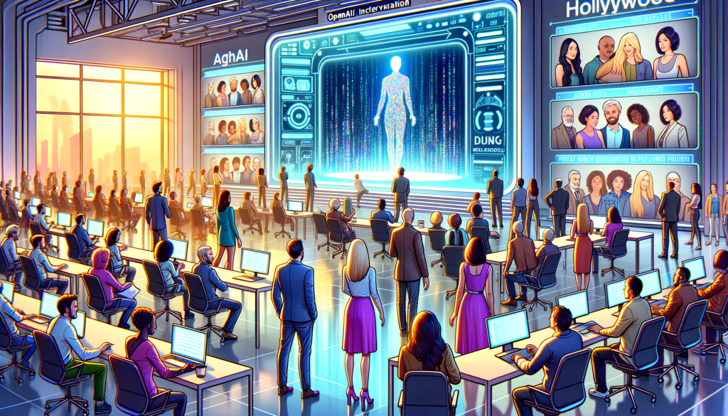 Imagine a 3:2 aspect ratio illustration, showcasing OpenAI's interaction with Hollywood. Conceive a somewhat futuristic office setting where AI and human collaboration occur. A large futuristic screen in the middle showing visualizations of text prompts being converted to videos. A group of diverse people, ranging from Caucasian females to Middle-Eastern males, might be in the scene as film executives, scrutinizing the ongoing process. On the left, there might be actors of varied descent such as Black and South Asian inspecting their performance produced by AI on a holographic screen. All portrayed with cartoonish, light, and vibrant colors to resonate positive vibes.