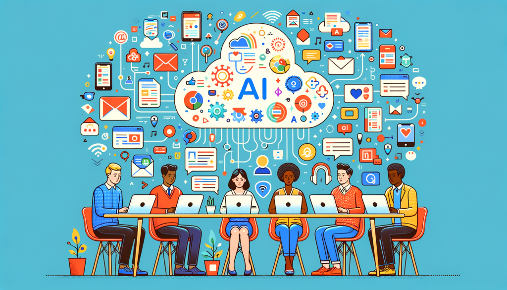 Create a brightly colored, cartoonish illustration in a 3:2 aspect ratio. In the foreground, show humans of various descents and genders sitting at a large, round table and using computers, tablets and other devices. Let's have a white female, an Asian male, a black female and Hispanic male, they are all engaged in collaborative work. Above them, depict a semi-transparent cloud, which represents AI, covering the entire workspace. The cloud is sprinkled with symbols such as emails, social media logos, documents in different languages, and tags or categories. On the edge of the cloud, depict it as transforming into different tools such as a summary document, translation effect, or categorization labels. This image will communicate the central idea of an 'AI-powered workspace' as introduced by Airtable in an inviting, positive way.