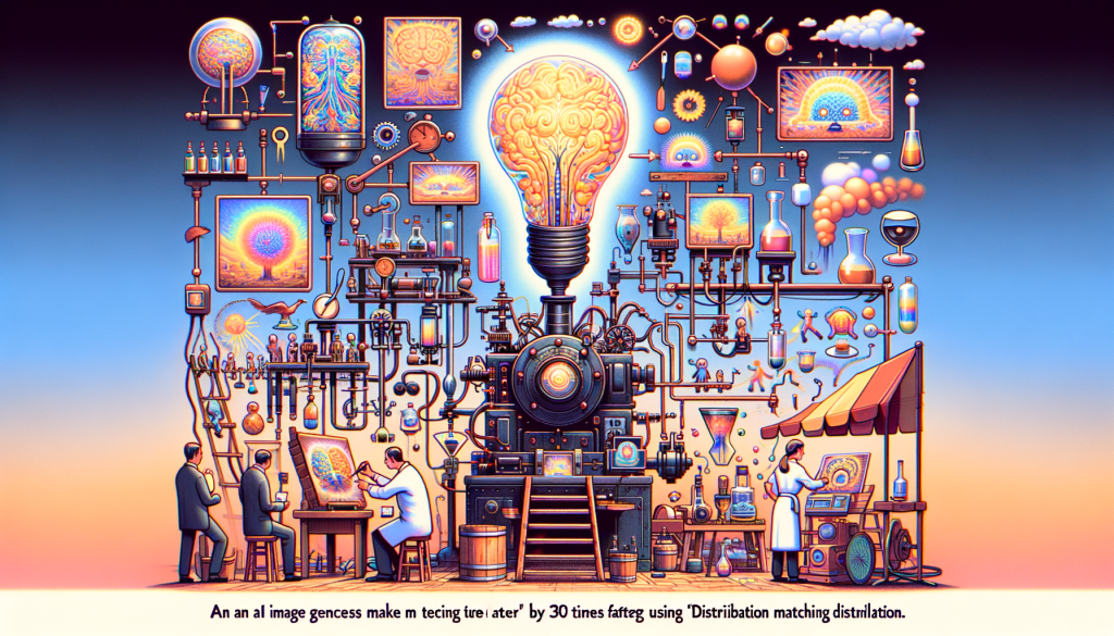 Create a digital drawing in the lighthearted, playful, and vividly colored style evocative of early 20th century animation. Illustrate an image that encapsulates the concept of an AI image generator being made 30 times faster by MIT scientists using 'Distribution Matching Distillation' technique. Incorporate a metaphorical representation of a 100-stage process being condensed into one single step. Also include diffusion models being rapidly taught using DMD. The image should also hint at the reduction of image-generation time and computational power. The illustration should be in a 3:2 aspect ratio.