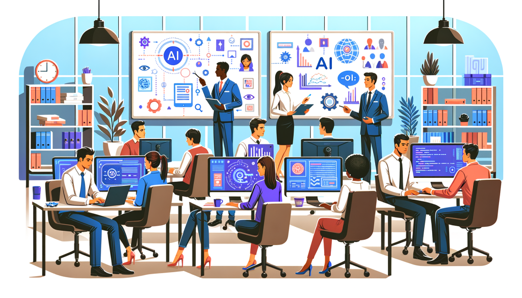 Create an image in a positive, light, and colorful style imagining a corporate office setting in a 3:2 aspect ratio. The scene shows a group of different people involved in various activities related to AI. There's a Middle-Eastern man standing at a whiteboard mid-presentation about AI systems. In one corner, a Caucasian woman is seen working diligently on her computer, analyzing some AI codes. A South Asian man is seen having a discussion with a Black woman about a report on AI systems. In the background, there is an Hispanic man checking on some monitors with various AI systems running. All are working harmoniously, implying the diverse and ethical use of AI within government operations.