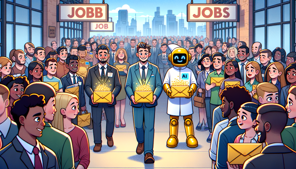 Illustrate a scene in a cheerful, animated style that does not infringe on copyrighted styles (e.g. Pixar). The image should depict the current trend in the tech industry. Show a crowded job market with tech professionals of diverse descents and genders in their business attire, looking dismayed. In contrast, a small group of AI specialists, diverse in gender and descent, stand out, confidently receiving golden envelopes symbolising lucrative job offers from unidentified tech companies. Emphasize the chasm between the general tech workforce and the AI specialists. The illustration should be in a 3:2 aspect ratio, embodying a positive and light style.