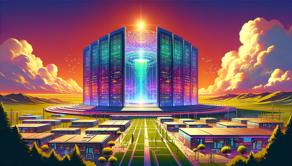 Illustrate a vibrant scenery depicting a futuristic structure, imbued with joyful and light-hearted visual elements. In the scene, blueprint the immense silhouette of a supercomputer - called 'Stargate' - that represents the pinnacle of technological prowess. The center should convey an advanced data center potentially covering hundreds of acres of land, beaming with power and energy, emanating up to 5 gigawatts. The imagery of the 'Stargate' should symbolize a futuristic gateway, resembling the charm from a popular 1994 science-fiction film. Include in the background an array of other supercomputers symbolizing Microsoft's larger plan to advance the AI systems across the US. Ensure the vibe of the image adheres to a 3:2 aspect ratio.