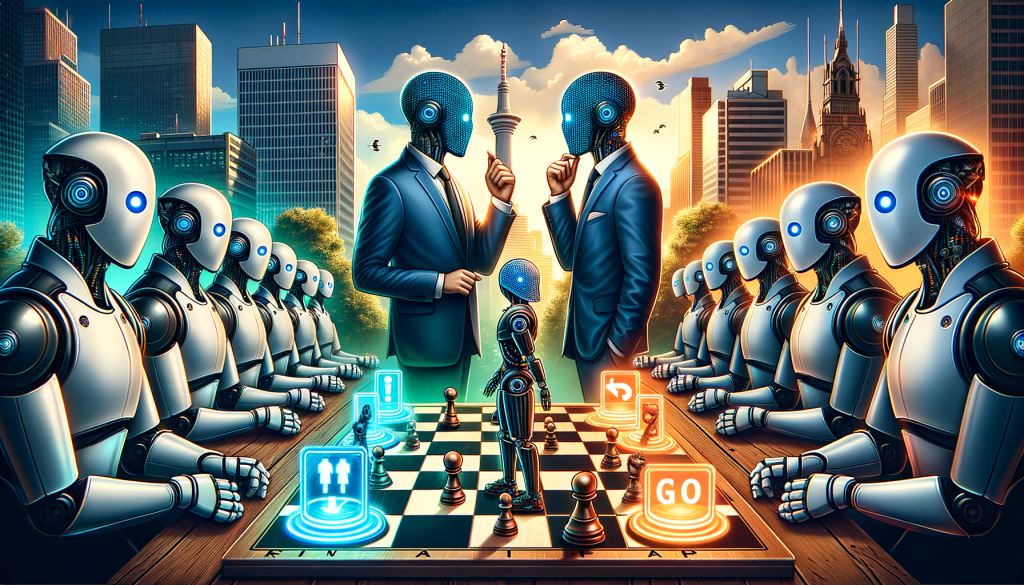 Imagine a lively scene where two anonymous tech company leaders symbolized as chess players, are engaged in a friendly and intense match over a chessboard. Instead of regular chess pieces, AI robots replace them, showcasing the theme of recruitment in the AI sector. Nearby on the board, a robotic knight is tempted by a brightly glowing 'Stay' button and a 'Go' button on either side, representing incentives and choices presented to them. A few of these robotic pawns are in the motion of being promoted, denoting the high demand and rewarding scenarios within this sector. All this is set amidst the backdrop of a bustling hi-tech city with towering offices, hinting at the thriving tech industries.