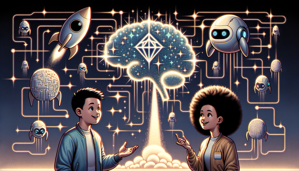 Imagine a 3:2 positive and light-hearted digital illustration representing the monumental prediction for OpenAI becoming the first trillion-dollar private startup. The key elements in the artwork include an AI symbol, similar to a brain or neural network, glistening like a diamond to symbolize the hefty price tag. There's also a small rocket to represent quick rise and growth. The background should suggest futuristic technology, perhaps a pattern resembling circuitry or data flow. Two people are discussing this development, a short-haired East Asian man and a mixed-race woman with curly hair, conveying diverse perspectives. Please abstain from direct Pixar style imitation.