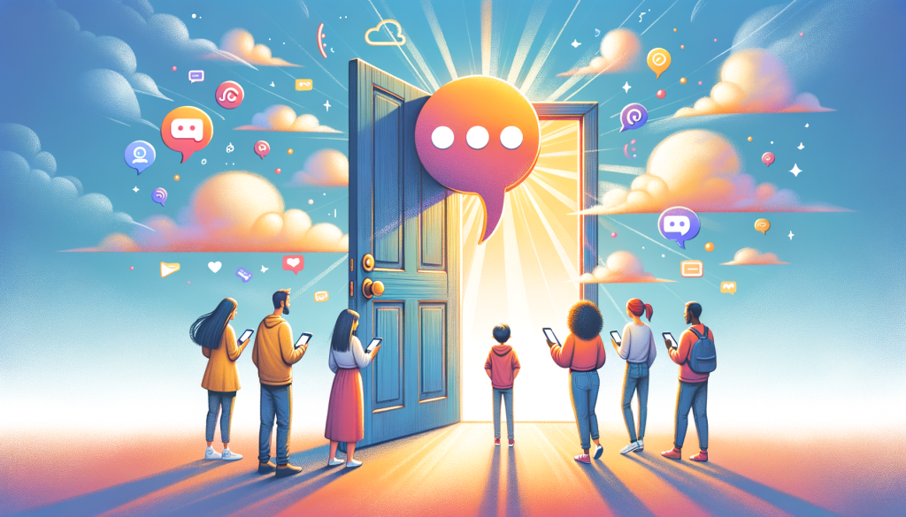 Create an uplifting and positive illustration in a whimsical, colorful and soft-edge style, maintaining a 3:2 aspect ratio. It should showcase a symbolic representation of ChatGPT without account requirements. Depict a door opening, symbolising access and freedom, with a speech bubble (signifying chat) floating into the brightly lit outside world. A diverse group of people (Hispanic man, Caucasian woman, an Asian boy and a Middle Eastern girl) are standing scattered around the scene, each observing their own handheld devices - doubles as expressing their individual interactions with ChatGPT. The overall tone speaks to the inclusivity and widespread ease of access to this AI technology.