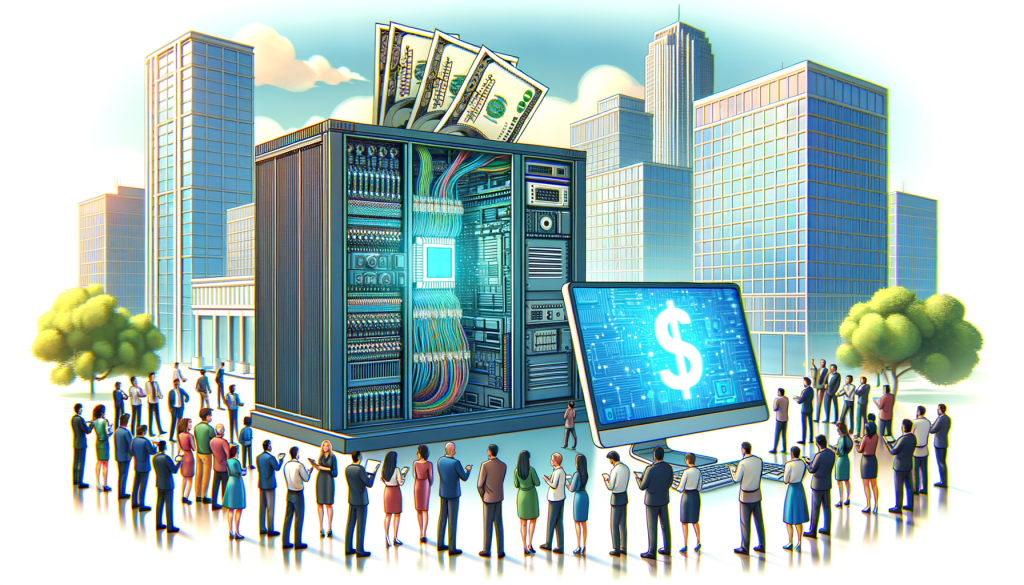 Create a 3:2 aspect ratio illustration reflecting the content of an article titled 'Mega Software Corporation to Pay Innovative AI Partner $650 Million After Scooping Up Most of Staff'. A depiction of a group of diverse professionals gathered around a large, advanced computer mainframe symbolic of AI capabilities, with a backdrop of corporate office buildings to signify large tech corporations. Include a symbolic cash element to represent the substantial financial transaction involved. Use a positive and light style similar in mood and vibrancy to the 3D computer-animated films prevalent in early 2000s.