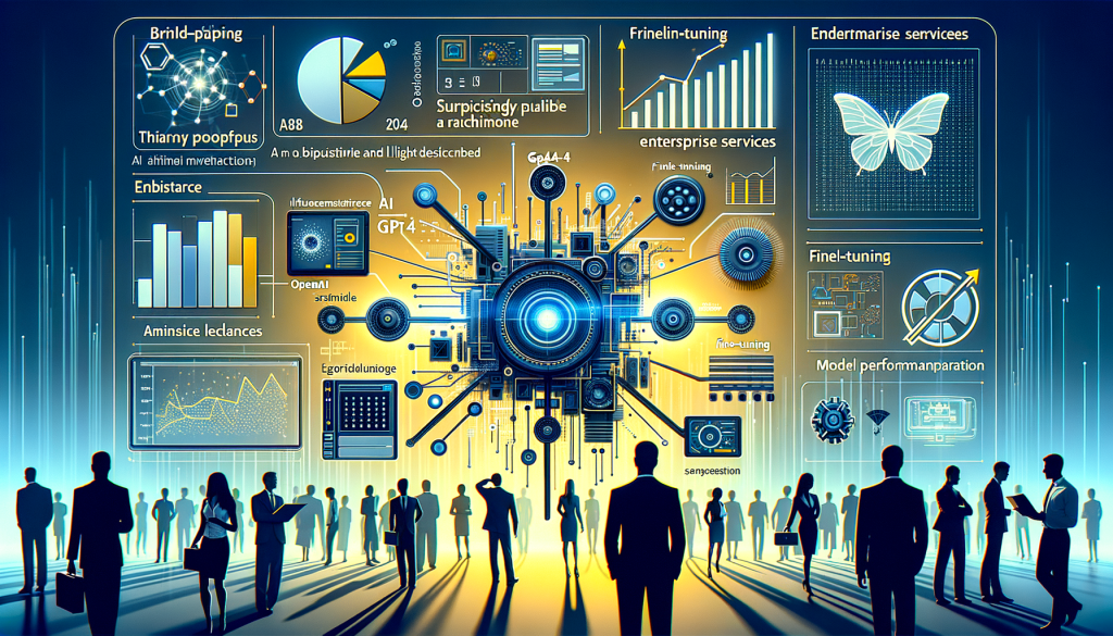 Illustration for an AI-focused article, featuring key elements described. Create a positive and light scene visualizing aspects of the text. Show a representation of GPT-4, surprisingly plausible as a futuristic and sophisticated mechanism. The imagery should be business-oriented, symbolizing enterprise services. Include symbolic elements such as a connection to third-party platforms, fine-tuning tools, and an interface that represents model performance comparison. Note an overriding architecture that displays 'OpenAI' and a calendar or schedule marking '2024' as 'year of the enterprise'. In the foreground, depict silhouettes of diverse businesspeople representing early adopters, startups, and established organizations. Ensure this scene adheres to a 3:2 aspect ratio.