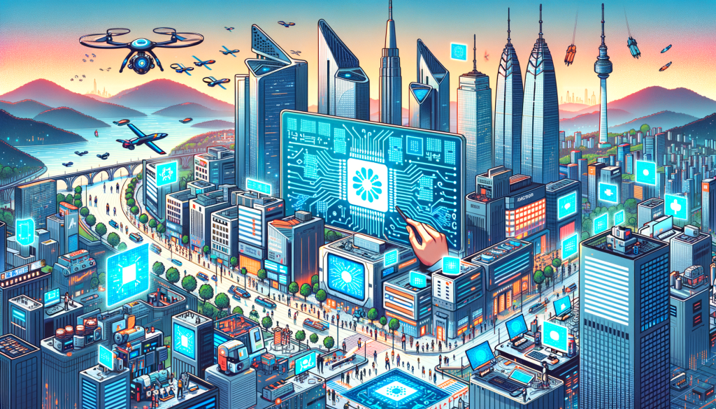 Create an illustration in a light-hearted, detailed and vibrant style. The image should display futuristic South Korean cityscape with emphasis on artificial intelligence and semiconductor technology. Show various buildings, some shaped like giant silicon chips, high-tech laboratories, flying drones, and individuals working on advanced computer systems monitor showing silicon chip designs. Additionally, the skyline should have holographic projections of AI robots and neural processing unit designs. The atmosphere should be bustling and positive, to reflect the country's ambitious investments in AI and its goal of becoming a world leader in this field.