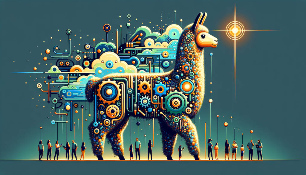 Generate an image evoking the themes from the article, with a 3:2 aspect ratio. Visualize a metaphorical and positive representation of a large llama, embellished with elements indicating AI and technology, such as gears, circuit patterns, and glowing light. Illustrate the llama as if it's evolving or transforming, capturing the growth from Llama 2 to Llama 3. This evolution symbolizes increasing capabilities, addressing limitations, and innovation. The image style should be playful and light, inspired by rich color saturation and exaggeration of shapes, reminiscent of animation aesthetics prior to 1912. Include smaller figures or silhouettes of diverse developers showing interest or excitement around the large model, denoting the open source approach and popularity among developers. No specific artists' style should be used.