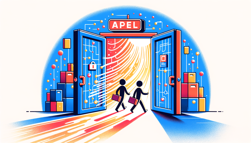 Create an illustration in a 3:2 aspect ratio, using a positive and cheerful style that mirrors the character-based, rounded, and vibrant aesthetics typically associated with animated films from the late 20th century. The scene should depict a symbolic representation of a tech research organization. It should show an open door (representing 'OpenAI') with two figures leaving, carrying folders (representing 'researchers'), their faceless figures positioned in a way that suggests they're heading out. Their paths should leave streaks of light, symbolizing 'leaking'. The overall mood should be positive and light, not harsh or accusatory.