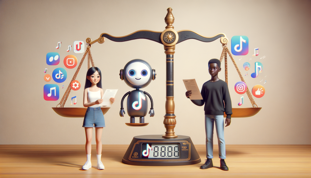 Create an image in a positive, light-hearted style, featuring a 3:2 aspect ratio scene. Show a young female Asian AI avatar on one side and a young male Black human influencer on the other side, both standing in front of a representation of the TikTok platform logo. The AI avatar is holding a script, presumably from an advertiser, while the human influencer has a mobile device displaying the TikTok app. The center of the image should feature a weighing scale, symbolizing the balance between using AI avatars for producing sponsored content and human influencers. In the background, subtly include representations of TikTok features such as music notes (Song Generator feature) and icons of various filters and effects.
