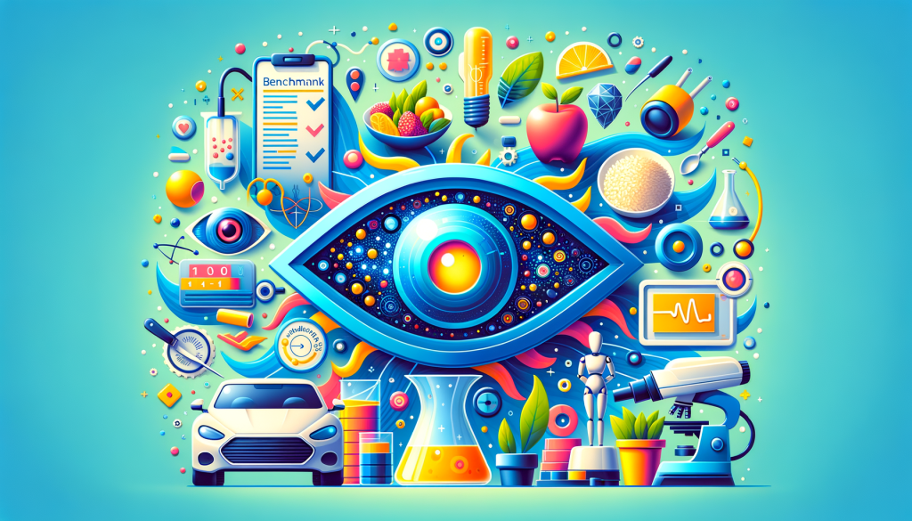 Create a brightly colored, 3:2 aspect ratio illustration for an article about artificial intelligence. The image should depict an abstract AI model named Grok 1.5 Vision that can process images and answer questions about them, surrounded by items representing its wide-ranging applications, such as a healthy plate of food, a medical instrument, and a self-driving car. The technology is shifting and transforming, representing the machine's learning process and its ability to outperform other models in certain tests. Display benchmark scores and details about the model subtly in the background, showcasing its competitive edge.