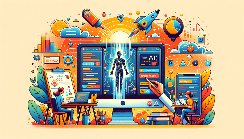 Create an illustration depicting the advancement of AI technology, showcasing a colorful scene. The image should incorporate elements representing the integration of text and image analysis, perhaps by showing a futuristic computer interface with some text and image data being processed simultaneously. Additionally, include representations of a coding agent, a nutritional analysis app, and a whiteboard turning drawings into a functional website to represent the various applications of this technology. Remember to maintain a 3:2 aspect ratio and keep the style positive and warm, reminiscent of computer-animated features but not directly referencing any specific animation studio's style.