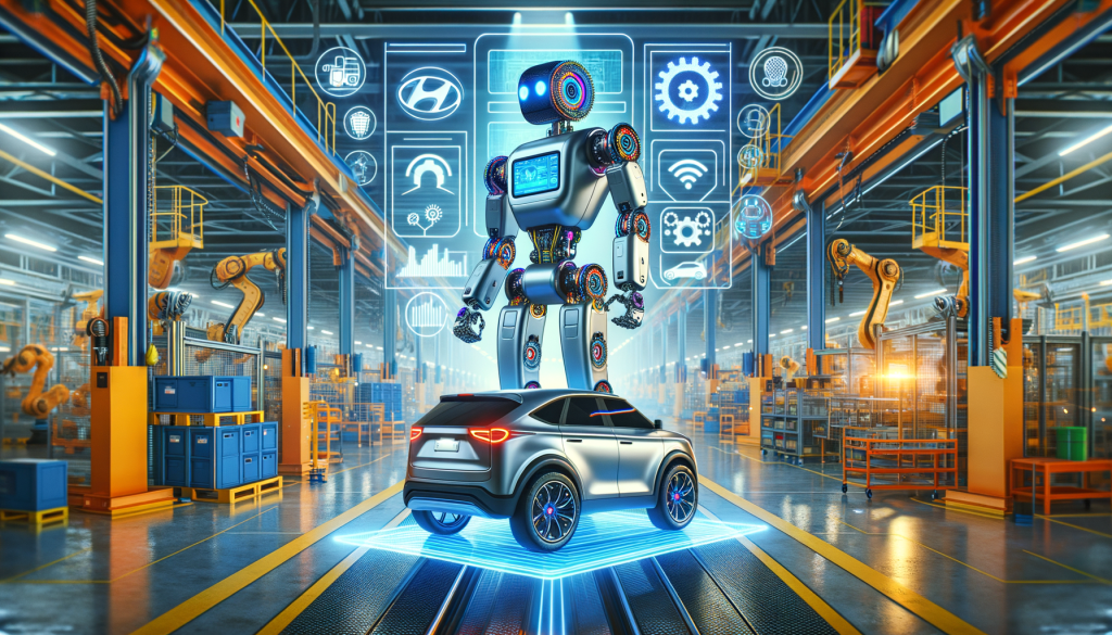 Create an uplifting 3:2 aspect ratio illustration highlighting key aspects of Boston Dynamics' upgraded Atlas robot. Show a futuristic, sleek, electric Atlas robot that showcases superior strength and flexibility. The Atlas is in an industrial setting resembling a Hyundai factory, displaying its advanced movements and abilities. To depict its advanced AI technology, incorporate symbols of machine learning and artificial intelligence effectively working in the robot's operation. Use a positive, vibrant style that echoes the optimism of the thriving robotics industry.