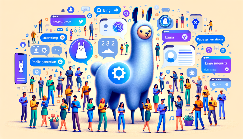 Design an illustration in a positive, light, and cartoonish style. Populate the image with diverse human-like characters using artificial intelligence gadgets, representing the massive user base of Meta's new AI assistant. Make sure to show different kinds of devices such as smart glasses, laptops, and smartphones, demonstrating the variety of platforms the assistant is available on. The central character could be a friendly, large llama (representing Llama 3), standing amidst the users, hinting at the integration of the AI assistant within the crowd. Show the llama to be progressively growing, implying the development from Llama 3 to Llama 4 and 5. Emphasize real-time search results being available with a subtle representation of search icons from Bing and Google. The illustration can also show AI-generated images and animations popping up from the devices, indicating the image generation enhancement of the assistant. Use a 3:2 aspect ratio for the illustration.