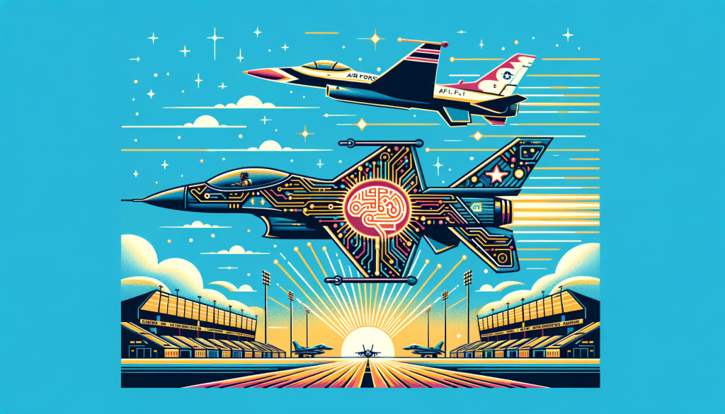 Create an illustration in a vibrant, simplistic, and engaging style. The illustration should represent a historic moment in the field of technology and artificial intelligence. The image should present an AI-controlled futuristic jet engaged in a dogfight against a traditional fighter jet, representing the human counterpart, in the sky above a carefully detailed representation of Edwards Air Force Base in California. The AI-controlled jet should be distinguished by an iconic symbol signifying artificial intelligence, for instance, a brain-like circuit pattern. The human-controlled jet could be marked with a traditional pilot's insignia. It should maintain a positive and light tone, reflecting the advancement in technology.