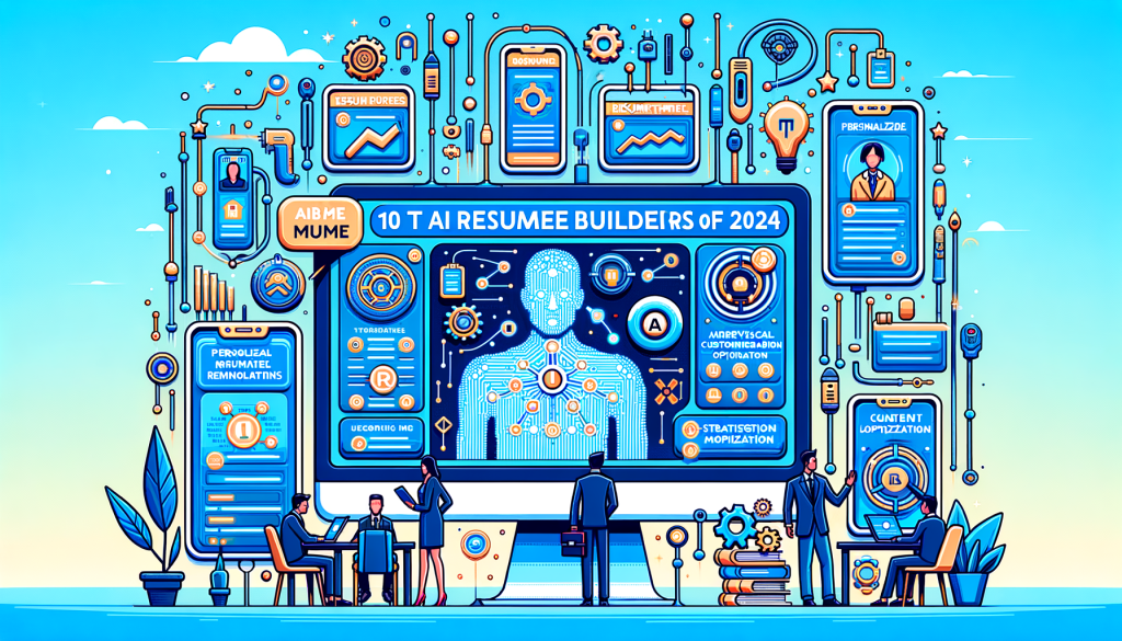 An illustration for an article titled '10 Best AI Resume Builders of 2024'. Visualize a bright and optimistic scene inspired by the melding of technology and career growth. Show an array of digital screens each with different inventive tools like personalized resume templates, industry-specific customization options, strategic keyword optimization icons, and AI-driven content optimization. One screen could display analytic graphs indicating successful job placements after using the AI-powered platforms. Depict these technologies in an accessible and user-friendly way, embodying the democratization of high-quality resume-building tools. Make sure the illustration adheres to the 3:2 aspect ratio.