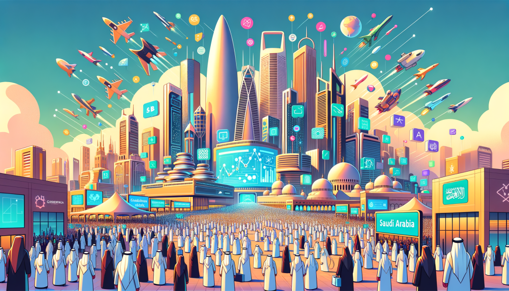 Illustrate an image in a 3:2 aspect ratio that exudes positivity and lightness. Visualize a prominent futuristic Saudi Arabian cityscape bustling with cutting-edge technology. It should signify massive allocation of resources towards events, computing facilities, and A.I. research. The scene can include an oversized tech conference attracting diverse global attendees, in a style reminiscent of simplified shapes, and vibrant colours that capture the joyful and lively spirit. Add elements to indicate the intense global technological rivalry while highlighting Saudi Arabia as a significant contender. Through this image, Saudi Arabia should come across as a nation focusing on diversifying its economy beyond oil and into the frontier A.I.