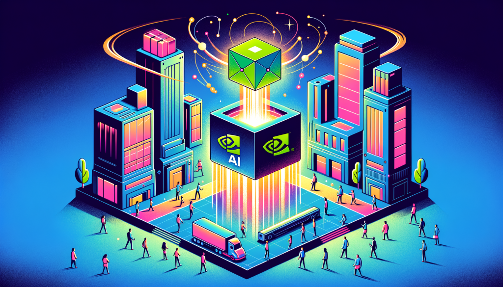 Create an image in a light-hearted, playful, and vibrant style. The visual should depict a metaphorical transfer of a small tech-inspired object, representing the AI startup Run:ai, into the larger, well-built structure, symbolizing the Nvidia corporation. Additionally, illustrate elements representing AI models running in parallel in different hardware environments, perhaps as glowing lines or beams bouncing within the large structure. Show people of mixed genders and diverse descents, representing enterprise customers, observing this fusion with expressions of satisfaction and curiosity. The overall mood should convey positivity and synergy. Maintain a 3:2 aspect ratio.