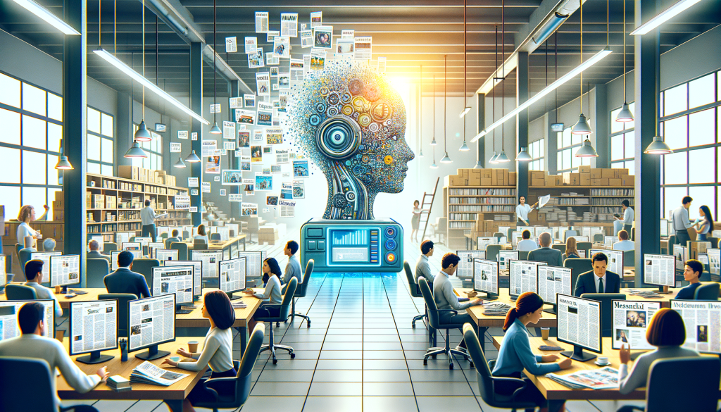 Create a bright, optimistic image with a 3:2 aspect ratio. Show a stylized representation of a bustling newspaper company, filled with desks strewn with papers, computers, and other office items. In the middle of the room, place an attractive, futuristic AI machine symbolizing OpenAI, with small visuals of data streams flowing into it from all directions. These streams carry bits of text, images and code. Show a diverse group of journalists, including an Asian woman, a Middle-Eastern man, and a Hispanic woman watching the process intrigued. Overhead, place a digital billboard showing summaries of magazine articles, indicating the summaries generated by ChatGPT. The overall image should convey a seamless blending of traditional news publishing and advanced AI technology.