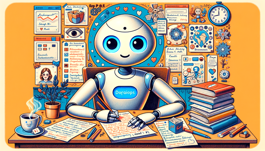 An illustration in a lively and emotional style inspired by early 20th century art, drawn in 3:2 aspect ratio. The primary focus should be the representation of the AI named 'ChatGPT'. Picture it as a kind, friendly figure sitting at a desk full of papers, writing and organizing information diligently. Around it, you can see various papers representing different domains mentioned in the article: a sheet titled 'Meeting Notes', another with draft social media posts and a card decoration signifying birthday wishes. On another part of the table, include a stopwatch or timer indicating the lesson durations. In the background incorporate symbolic elements representing the expansion of the service, like a map showcasing different regions of the world. Make sure to emphasize that the AI is cheerful and helpful, contributing to better personalized assistance for users.