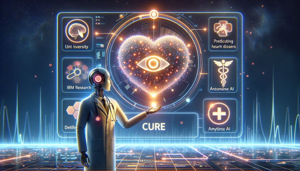 Create an image in a 3:2 aspect ratio that captures a positive and light ambiance, which brings to life the concept of artificial intelligence revolutionizing healthcare. Depict the AI model, named CURE, as if it's a warm, friendly character that is giving careful analyses of a large dataset composed of patient information. This dataset is symbolized as glowing points of data or charts on a futuristic, digital interface. Ensuring that the AI character is shown predicting the best treatment options for theoretical patients, with a clear focus of being helpful in preventing strokes in individuals with heart diseases. Include the vision of a future where clinicians are utilizing this tool on electronic health records. Finally, signify a collaboration between a prominent University symbol (not Ohio State due to copyright), National Institutes of Health represented as a health symbol, IBM Research represented through a technology symbol, and Anytime AI through a clock symbol.