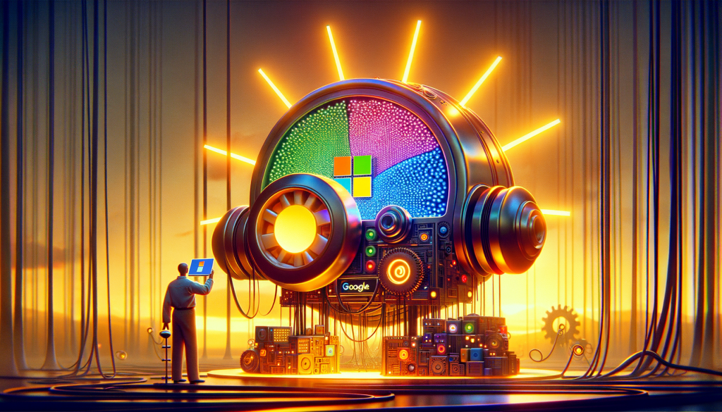 Render a vibrant and positive image in 3:2 aspect ratio using a style reminiscent of pre-1912 animation. The scenario illustrates a metaphorical representation of the article titled 'Microsoft’s OpenAI investment was triggered by Google fears'. It depicts a symbolic AI robot, with a Microsoft emblem on it, working hard on a glowing machine learning model resembling BERT language model. A symbolic representation of Google's infrastructure is shown to be massive and already complete, seen in the background. The tone remains light, reflecting Microsoft's proactive stance towards AI and their investment in innovation. Be sure to keep the focus on AI infrastructure and not personify any characters to obey the rules.