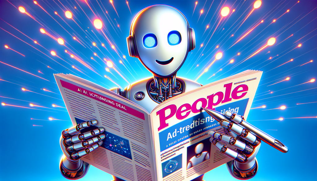Create a vibrant and lighthearted digital painting in a stylized, animated, and modern style, adhering to a 3:2 aspect ratio. The image should represent the alliance between OpenAI and a prominent magazine publishing house. To symbolize AI, depict a creatively designed, friendly robot reading a magazine titled 'People'. To represent the licensing deal, the robot could be seen signing a contract with a metallic stylus. The magazine's content should be visible, featuring fragments of text related to AI and data. A background consisting of digitally generated, ambiguous data streams will signify ad-targeting technology. Have a broad smile on the robot's face to convey positivity.