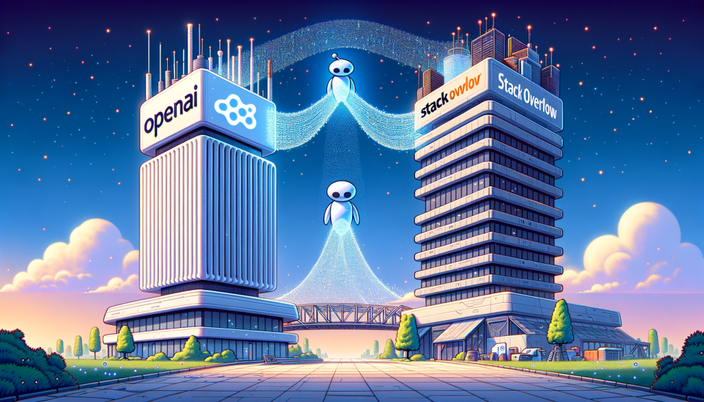 Create a digital illustration symbolizing the partnership between OpenAI and Stack Overflow. The scene should depict two symbolic structures representing the organizations, joined together by a bridge of code. The left building should be a futuristic, white, tall, sleek tower with the OpenAI logo on it, while the right side should have a sturdy, modern, concrete structure with the Stack Overflow logo. From the OpenAI tower, digital AI models represented as holographic projections should be seen connecting to the Stack Overflow building. And from Stack Overflow side, community feedback and lines of code could be floating towards the OpenAI tower. The overall atmosphere should be positive and effervescent, whilst maintaining a light, cartoony style.