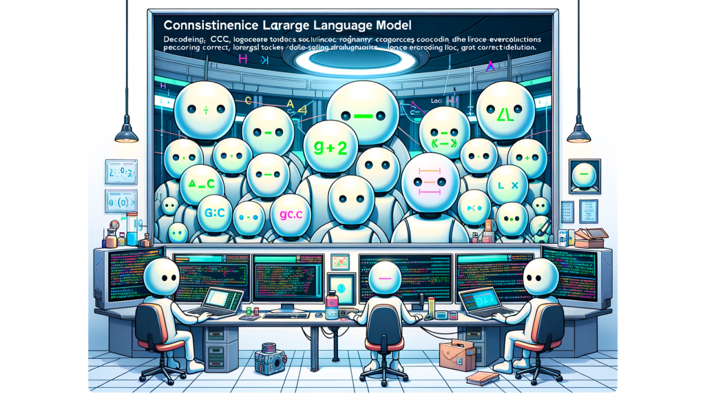 An illustration for an article on Consistency Large Language Models (CLLMs). The image consists of a futuristic lab setting with a framed 3:2 ratio picture of several virtual, computer generated decoders illustrated in a cheerful and positive light. These decoder tokens are in the shape of different characters, each linked with parallel lines demonstrating parallel decoding. Some are solving large non-linear equations representing the Jacobi decoding method. Others show various process states symbolizing global consistency (GC) loss, local consistency (LC) loss, and traditional AR loss. Additionally, some tokens appear to predict their evolution, underlining the capability of CLLMs to predict correct tokens preemptively.